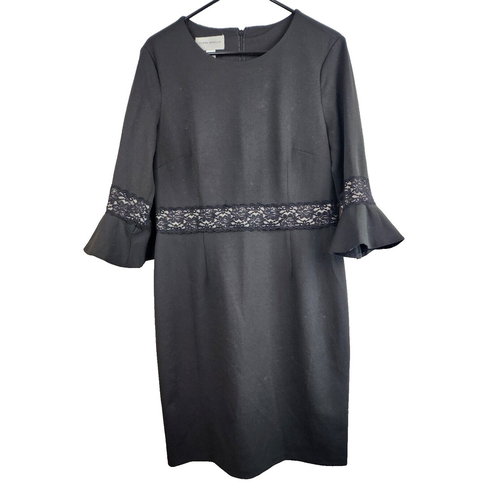 Donna Morgan Womens Shift Dress Size 14‎ Black Lace Trim Bell Sleeve Minimalist